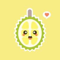 frutas durián divertidas y kawaii. lindo personaje durian con expresión facial y emoji. ilustración vectorial uso para tarjeta, afiche, pancarta, diseño web e impresión en camiseta. fácil de editar vector