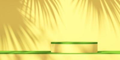 Visualización de podio de producto verde y amarillo 3d con fondo naranja y sombra de árbol, fondo de maqueta de producto de verano, ilustración de presentación 3d foto