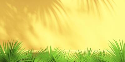 Visualización de podio de producto verde y amarillo 3d con fondo naranja y sombra de árbol, fondo de maqueta de producto de verano, ilustración de presentación 3d foto