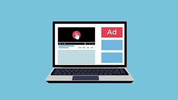 An online video showing ads and earning money 4K animation. Earn money and bitcoins from an advertisement 4K footage. Online video and websites on a laptop showing ads and earning money concept.