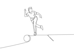 Single continuous line drawing of young happy bowling player man throw bowling ball to hit the pins. Doing sport hobby at leisure time concept. Trendy one line draw design vector illustration graphic