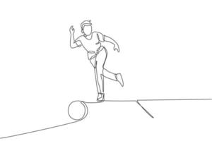 dibujo de una sola línea continua de un joven jugador de bolos feliz que lanza una bola de bolos para golpear los bolos. haciendo deporte hobby en el concepto de tiempo libre. gráfico de ilustración vectorial de diseño de dibujo de una línea de moda vector