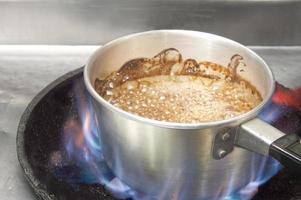 boil the mixture until boiling , let it boiled down with low heat for a little while  about 10 minutes , kitchen tips for remove a bad burned pot photo