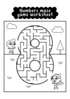 Black and white numbers maze game worksheet for preschool kids. Numbers labyrinth game. Numbers learning exercises. vector