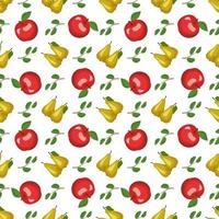 Seamless pattern with yellow pear and red apple. Print from whole healthy fruits. Background from sweet food for diet. Vector flat illustration