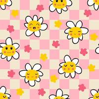 Retro style checkerboard naive daisy seamless pattern. vector