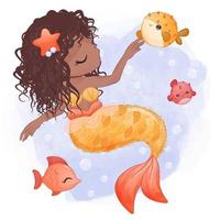 Cute little mermaid in watercolor illustration vector