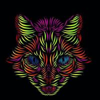 gato lince leopardo pantera tigre línea pop art potrait logo diseño colorido con fondo negro oscuro vector