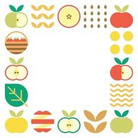 Apple frame abstract artwork. Design illustration of colorful apple pattern, leaves, and geometric symbols in minimalist style. Whole fruit, cut and split. Simple flat vector on a white background.