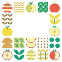 Apple frame abstract artwork. Design illustration of colorful apple pattern, leaves, and geometric symbols in minimalist style. Whole fruit, cut and split. Simple flat vector on a white background.