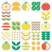 Apple frame abstract artwork. Design illustration of colorful apple pattern, leaves, and geometric symbols in minimalist style. Whole fruit, cut and split. Simple flat vector on a white background.