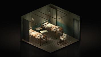 Horror and creepy ward room in the hospital with wheelchair.,3d illustration Isomatric. photo