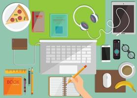 concept coronavirus COVID-19. The company allows employees to work from home to avoid viruses.Online education,distance learning,Workplace with monitor, books, notepad, pencil Top view vector