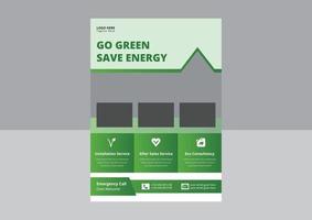 Solar Energy Flyer Templates, Solar Experts Solutions Flyer. Go green save energy poster flyer design. House solar energy system flyer. vector