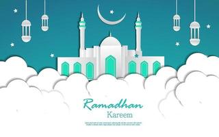 Ramadhan kareem with mosque paper art style vector