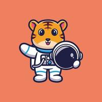 lindo astronauta tigre sosteniendo casco dibujos animados vector ilustración