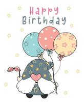 lindo gnomo de cumpleaños con globos de estrellas, tarjeta de felicitación de fiesta de cumpleaños, vector de dibujo de dibujos animados