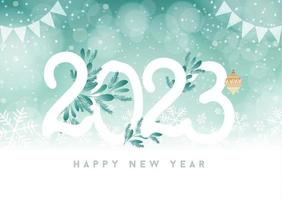 2023 un feliz año nuevo firma en invierno con fuertes nevadas. números del año 2023. nieve navideña, copos de nieve y hojas de flores. fondo de vacaciones de navidad y año nuevo. ilustración vectorial vector