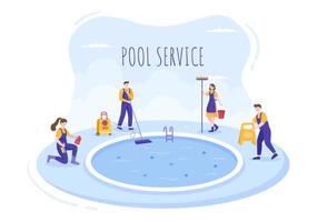 trabajador de servicio de piscina con escoba, aspiradora o red para mantenimiento y limpieza de suciedad en ilustración de caricatura plana vector