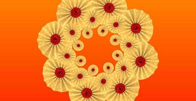 Mirror flower kaleidoscope. Red roses, in a yellow frame, on an orange background. photo