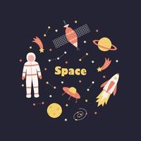 Cosmos doodle is a set of vector illustrations. Icons of space elements rocket cosmonaut stars satellite telescope comet