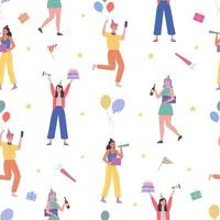 Birthday Party seamless pattern collection, people, gift boxes and confetti, balloons and flags, cake and caps vector