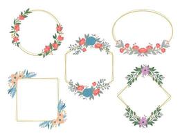 Isolated Colorful Line Frame Icon Leaf Floral Border Divider with Circular, rectangle or hexagon pink or red flower for save the date wedding tag name invitation vector