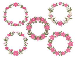 marco de línea colorido aislado icono divisor de borde floral de hoja con flor rosa o roja circular, rectangular o hexagonal para guardar la invitación de nombre de etiqueta de boda de fecha vector