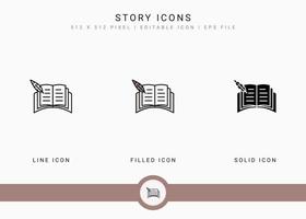 Story icons set vector illustration with solid icon line style. Journalist text publication concept. Editable stroke icon on isolated background for web design, user interface, and mobile application