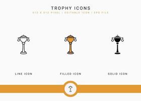 Trophy icons set vector illustration with solid icon line style. Winner award concept. Editable stroke icon on isolated background for web design, user interface, and mobile app