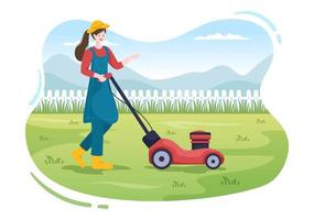 Lawn Mower Cutting Green Grass, Trimming and Care on Page or Garden in Flat Cartoon Illustration vector