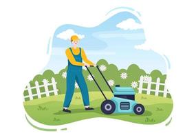 cortadora de césped cortando hierba verde, recortando y cuidando en la página o en el jardín en una ilustración plana de dibujos animados vector