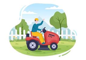 Lawn Mower Cutting Green Grass, Trimming and Care on Page or Garden in Flat Cartoon Illustration vector