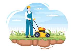 Lawn Mower Cutting Green Grass, Trimming and Care on Page or Garden in Flat Cartoon Illustration vector