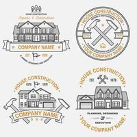 conjunto de identidad de la empresa de construcción de casas con casa suburbana americana. ilustración vectorial insignia de línea delgada, signo para bienes raíces, negocios relacionados con la construcción y la empresa de construcción. vector