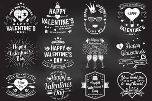 Set of Happy Valentines Day sign. Stamp, card with key, bird, amur, arrow, heart. Vector. Vintage typography design for invitations, Valentines Day romantic celebration emblem in retro style. vector