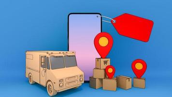 Mobile phone and truck van with many paper box and red pin pointers.,Online mobile application order transportation service and Shopping online and Delivery concept.,3D rendering. photo