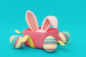 Opened pink gift box with easter bunny and colorful easter eggs on blue backgound,happy easter holiday concept.minimal style,3d rendering. photo