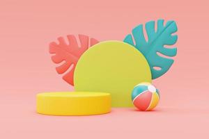 summer display with colorful inflatable ring,beach ball and palm leaves,3d rendering. photo