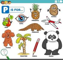 conjunto educativo de palabras de letra p con personajes de dibujos animados vector