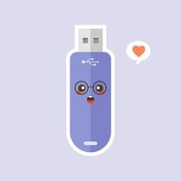 kawaii y lindo icono de unidad flash usb aislado sobre fondo de color. icono de dispositivo de memoria en estilo plano. personaje de disco flash con expresión facial. puede usarse para tecnología, mascota, elemento, sitio web, icono vector