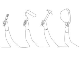 continuous line drawing A set of male hands holding building equipment vector
