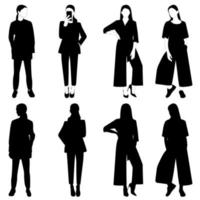 Set of vector silhouette of a slender girl, a woman in a fashionable suit standing. Adult model.