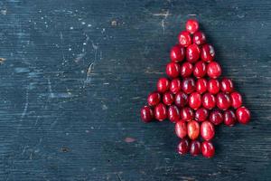 red cranberries shaped into Christmas tree border with copy space photo