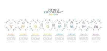 La plantilla de línea de tiempo infográfica se puede utilizar para el diseño del flujo de trabajo, el diagrama, las opciones numéricas y el diseño web. concepto de negocio infográfico con 8 opciones, partes, pasos o procesos. fondo abstracto. vector