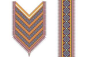 Geometric ethnic neckline embroidery pattern design. Aztec fabric carpet mandala ornament chevron necklace textile. Tribal boho native ethnic neck embroidery vector