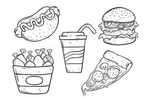 conjunto de sabrosa comida rápida con estilo dibujado a mano o boceto vector