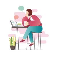 Sitting young woman with laptop for chatting in simple modern flat style vector, people and technology concept abstract for your design work, presentation, website. vector