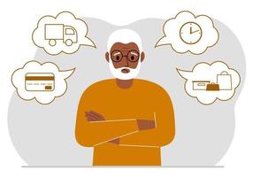 Ordering and delivery process concepts. Sad grandfather and steps of a delivery order. Payment, delivery car, waiting hours and goods and purchases. Vector flat illustration