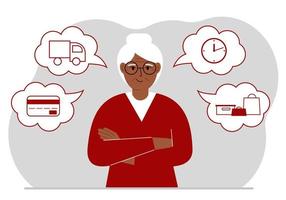 Ordering and delivery process concepts. Happy grandmother and steps of a delivery order. Payment, delivery car, waiting hours and goods and purchases. Vector flat illustration